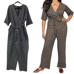 Eloquii Plus Size 26 Jumpsuit Diamond Print Knit Sweater Surplice Belted Pockets